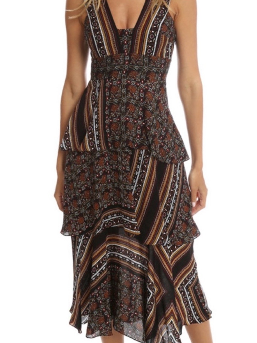 A.L.C. Hayley Silk Scarf-Print Tiered Midi Dress NWT